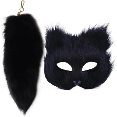 Sada Therianské masky a ocasu pro dívky, chlupatá maska ​​Long Fox Tail Cosplay Fox Mask Masky vlčího ocasu pro kočky na Halloweenský karneval