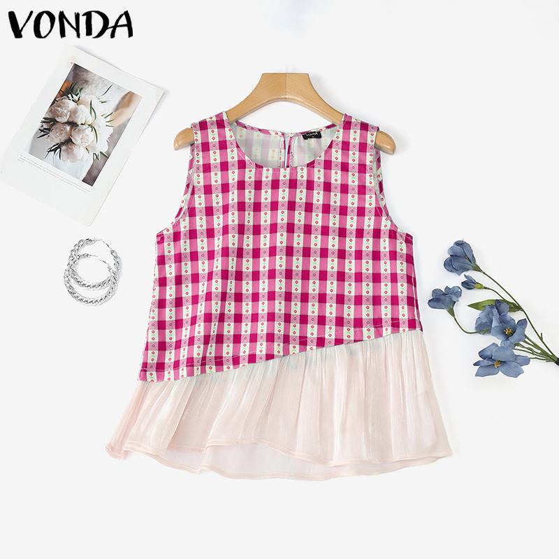 

VONDA Women Vintage Sleeveless Patchwork Hem Print Ruffled Casual Tank Tops 5XL темно-розовый