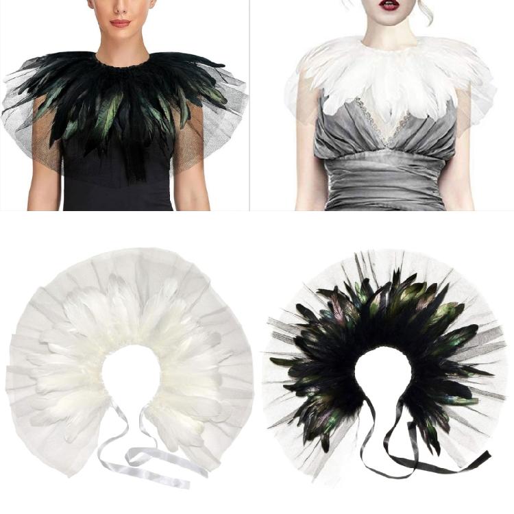 Women's Feather Double Layer Mesh Shrug Capes Shawl False Collar Witch Cosplay Costumes for Halloween Carnivals Party