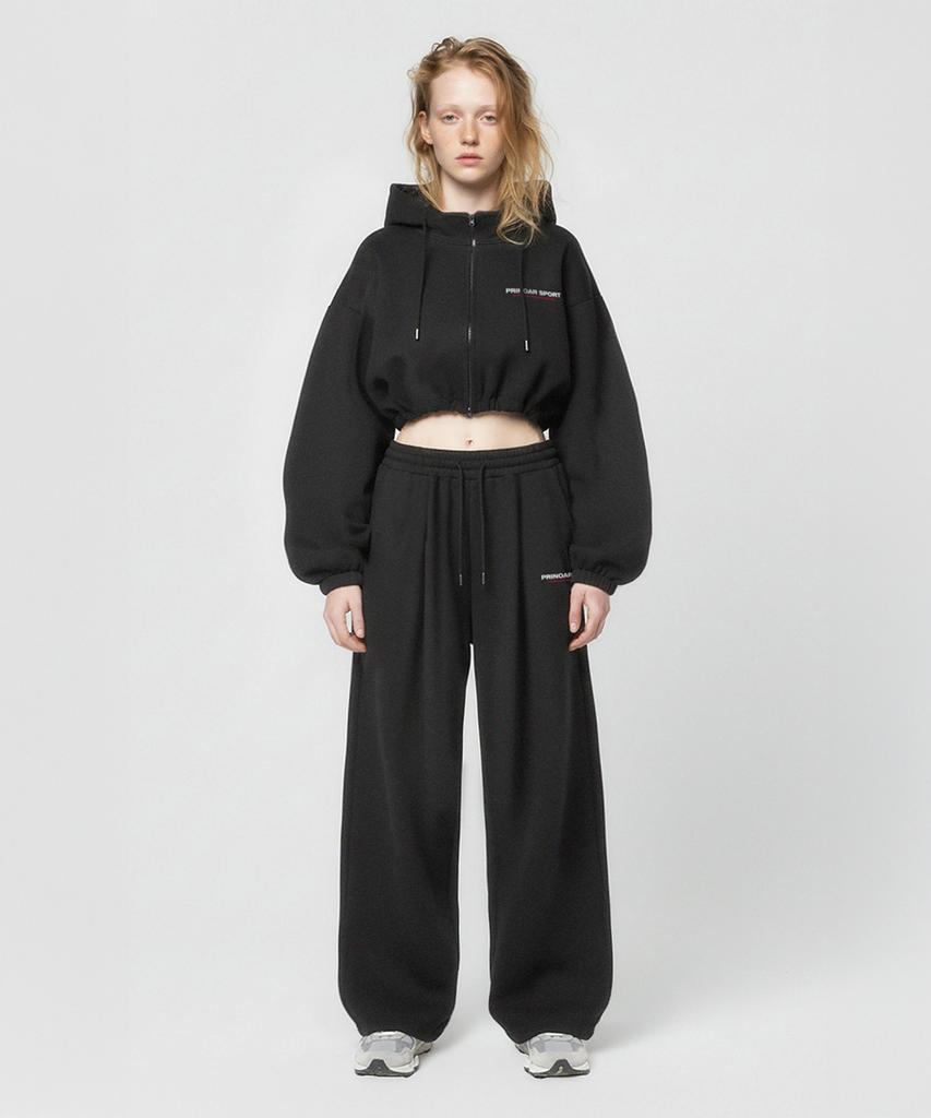PRINOAR [Fleece Lined] Small Sports String One-Pleat Wide Pants - Black