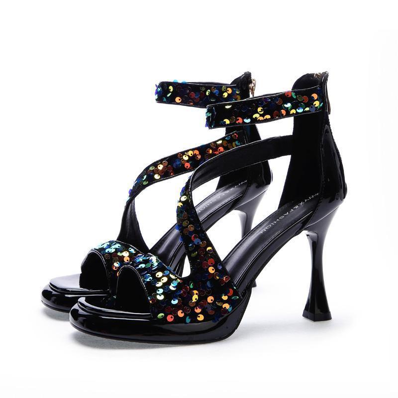 

Лето 2025 новые водонепроницаемые туфли на высоком каблуке с открытым носком, женское платье для банкета с пайетками, туфли-стилеты, нескользящие сандалии с юбкой 39 фиолетовый