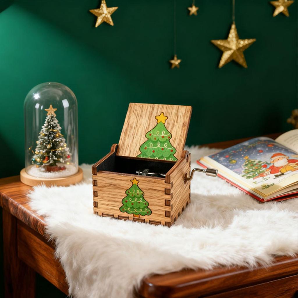 Christmas Music Box Decoration Wood Hand Crank Holiday Decoration Festive Desktop Music Box for Enthusiasts Collectors Home
