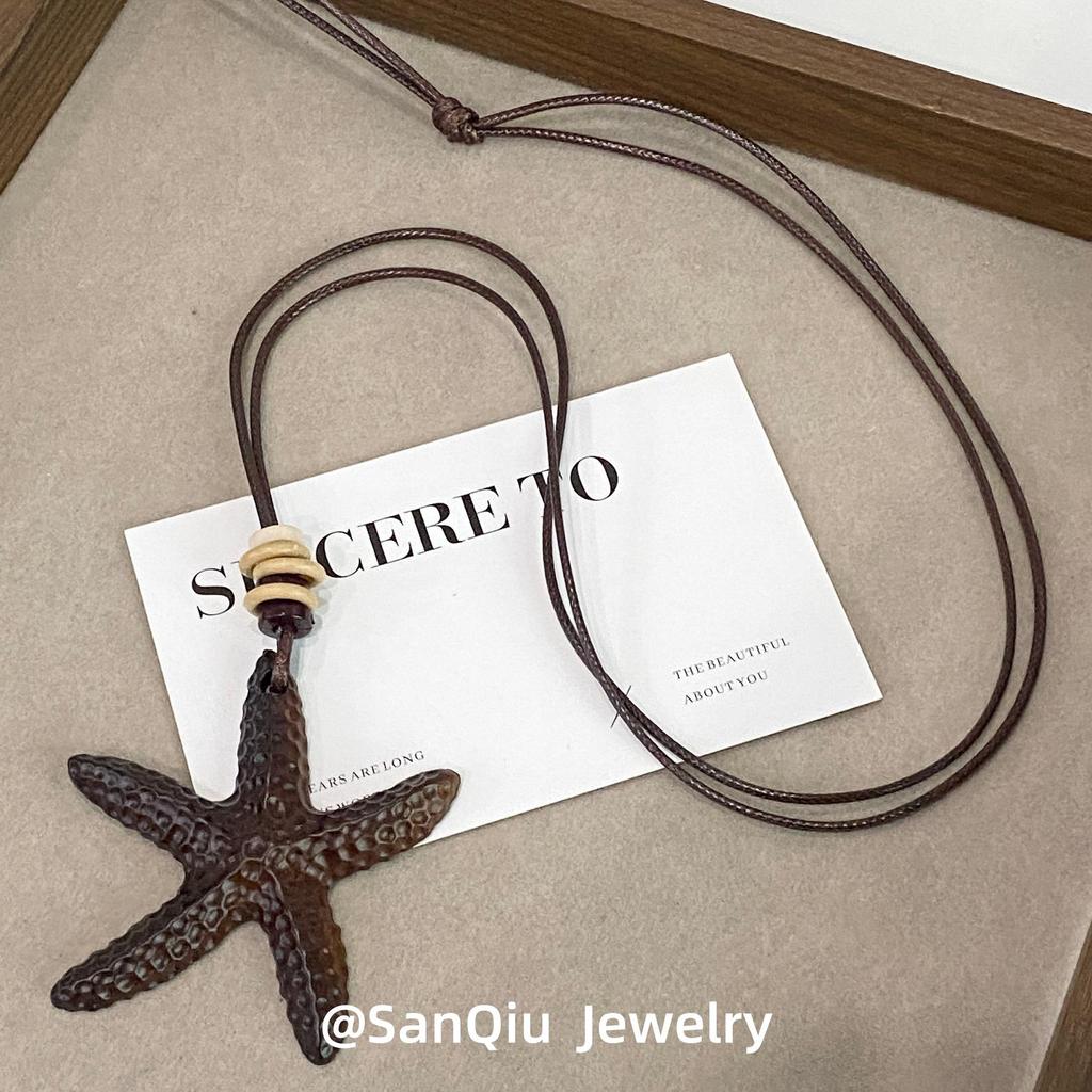 Seaside Wooden Starfish Pendant Necklace - Retro Chinese Style Sweater Chain