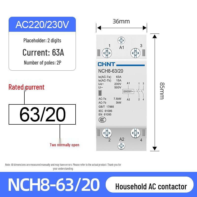 Chint NCH8-20/20 Silent AC Contactor, Single-Phase, 220V, 24V DIN Rail Mount