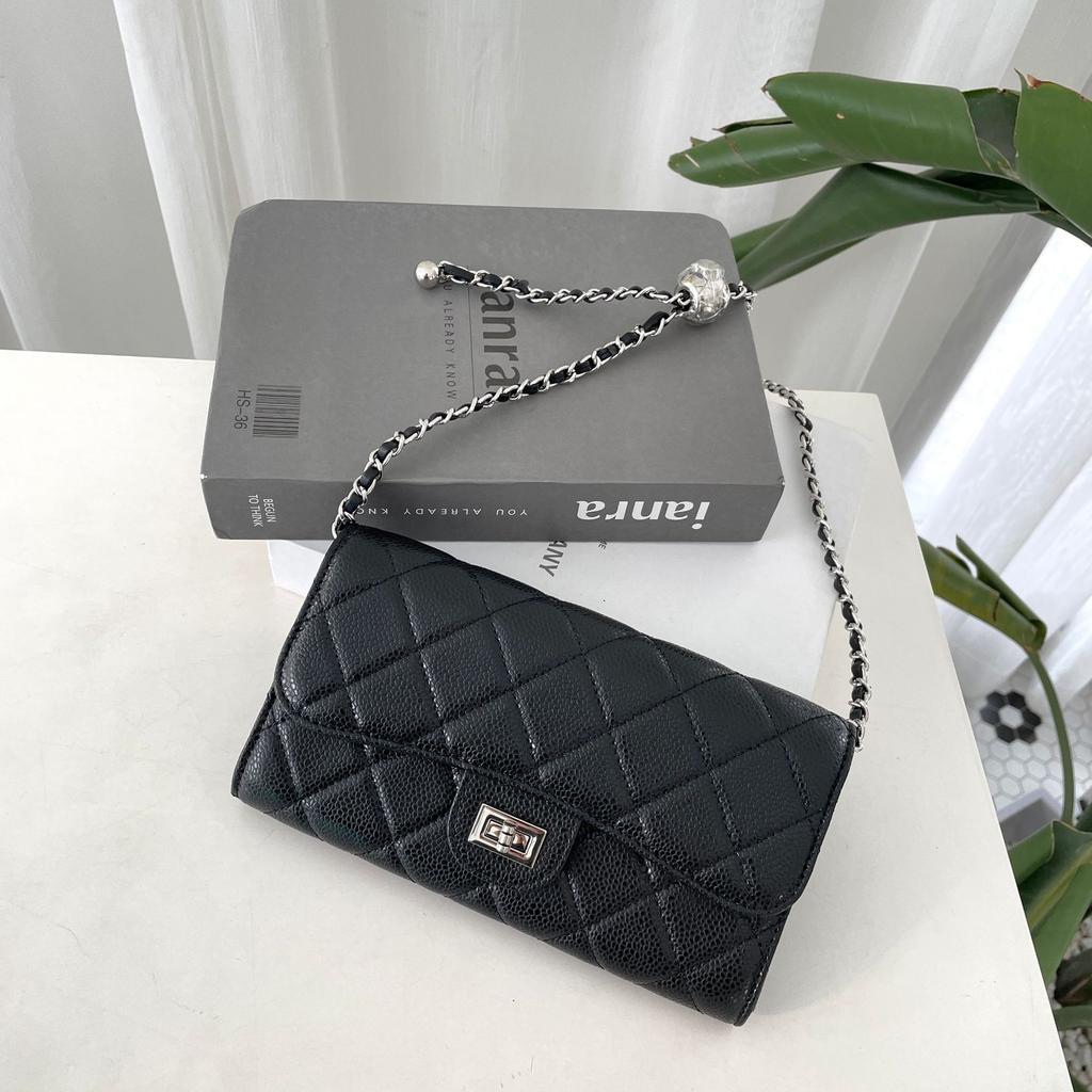 Xiaoxiangfeng Versatile Mini Square Bag Caviar Premium Black Mobile Phone Bag One Shoulder Crossbody Rhombus Chain Bag