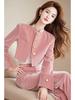 "2024 Autumn Women's Pink Velvet Suit: Slim Coat with Wide-Leg Pants"