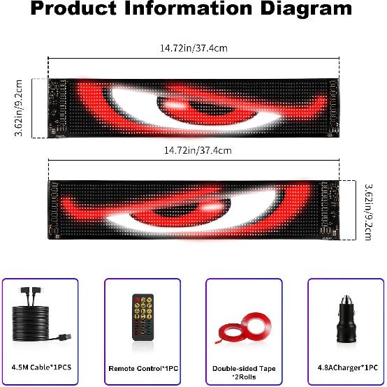 Devil Eyes Light For Cars (2-Pack) – 15''X4'' Dual LED Eyes For Car Windshield | Perfect Sync, Programmable Patterns, App/Remote Control | For
