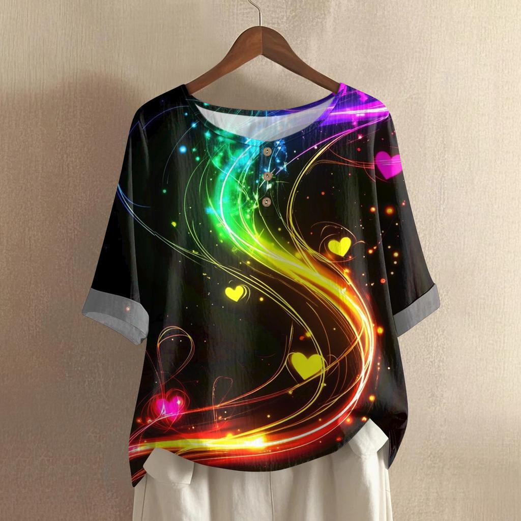 Damska casualowa i wygodna bawełniano-lniana bluzka z okrągłym dekoltem, średniej długości, z modnym nadrukiem