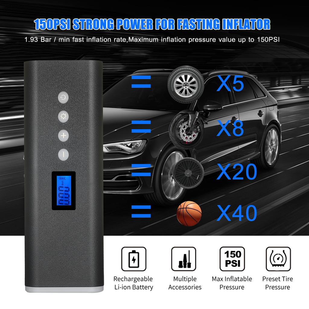 Gonfiatore per pneumatici portatile Compressore d'aria Pompa per pneumatici tenuta in mano 150PSI 2000mAh Display LCD con luce a LED