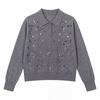 2026 Autumn/Winter Luxury Beaded Embroidery Knit Pullover Sweater: Women's Long Sleeve Hollow Lapel Top