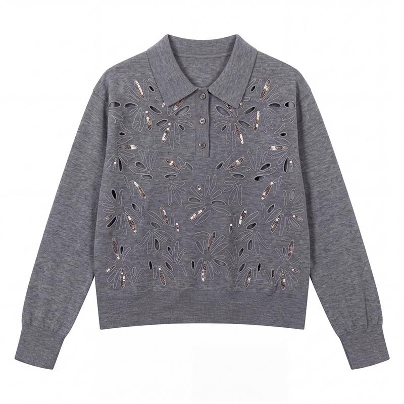 2026 Autumn/Winter Luxury Beaded Embroidery Knit Pullover Sweater: Women's Long Sleeve Hollow Lapel Top