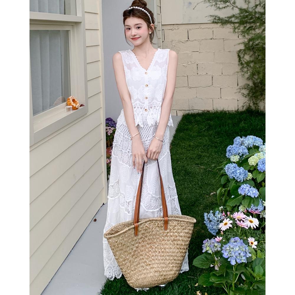 DIMANAF 2025 Women New Suit Skirt Knitting Beach Sleeveless Lace Hollow Out Sexy O-Neck Hollow Summer Style Tops Tees Loose Basic