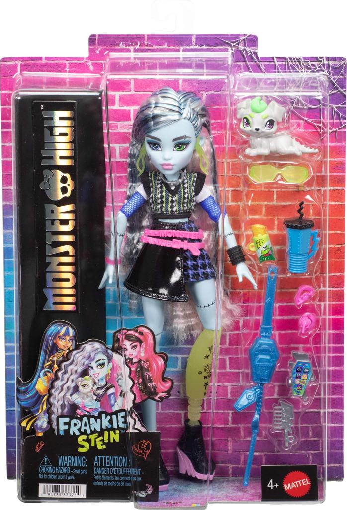 Monster Hydoll, Frankie Stein Cropped Sweater, Pet Dog Wattsy, and Seven Accessories Including a Black Leather Skirt, Earphones, a Belt Bag, and