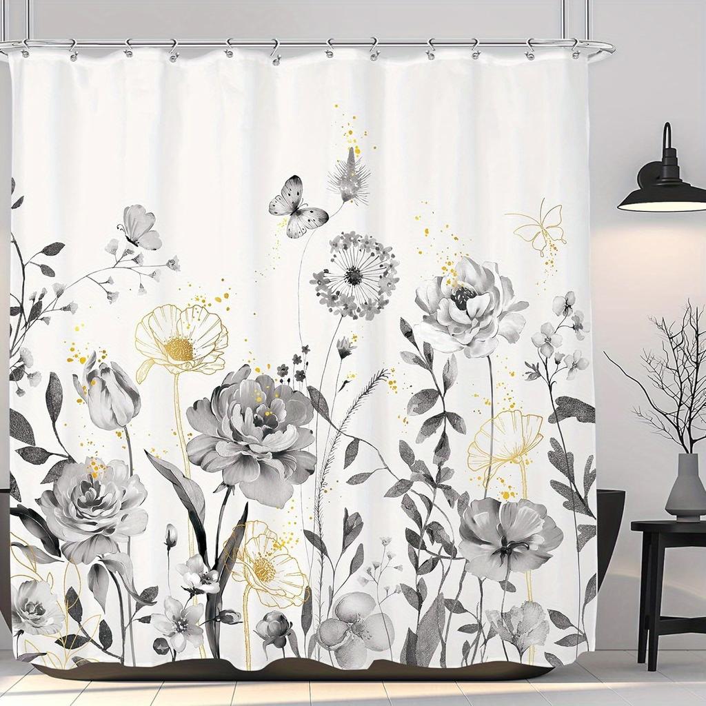 Grey Floral Shower Curtain - Rustic Wildflower Vintage Farmhouse Design with 12 Hooks for Bathroom Decor