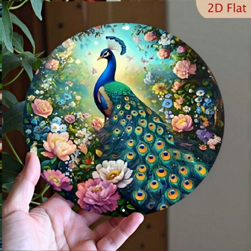 Metal Wall Art Peacock Retro Round 8x8 inch for Living Room