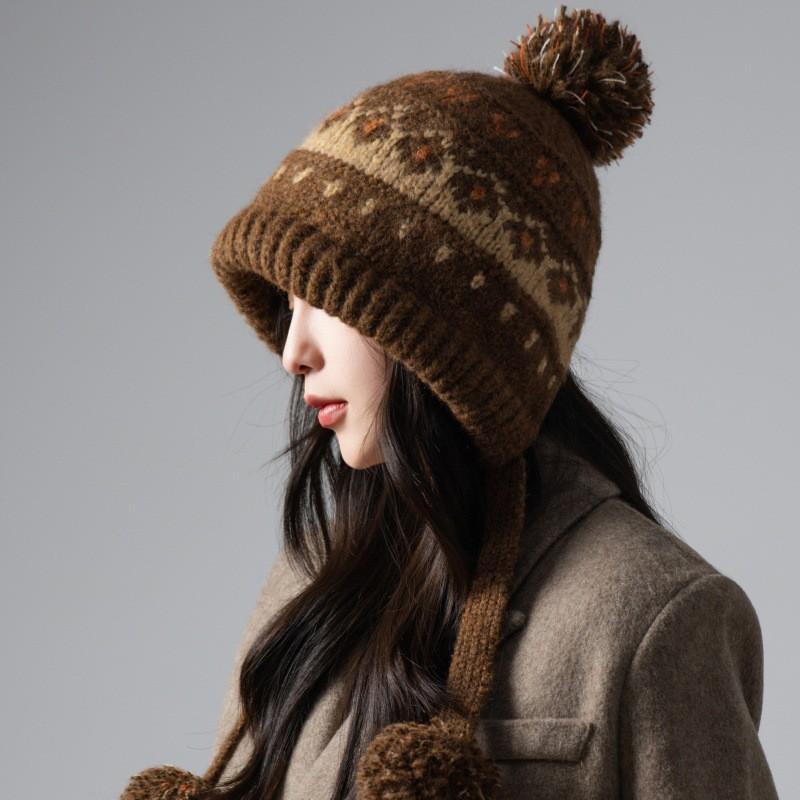Berretto Invernale da Donna in Maglia Fair Isle con Paraorecchie Cappello Caldo Antivento per Uso Esterno Casual