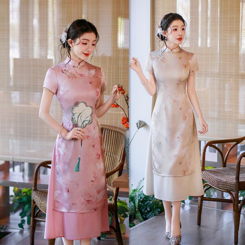 Long short-sleeved national style Aodai cheongsam skirt spring and summer new improved new Chinese daily loose version Aodai skirt