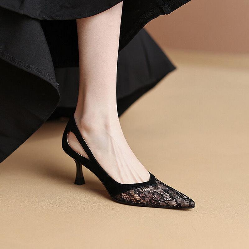 Nuove Scarpe Estive Sexy in Pizzo ,Moda Primavera Tacchi Alti ,Décolleté da Donna ,Punta Appuntita ,Slip On ,Traforate ,Nere ,Dropship