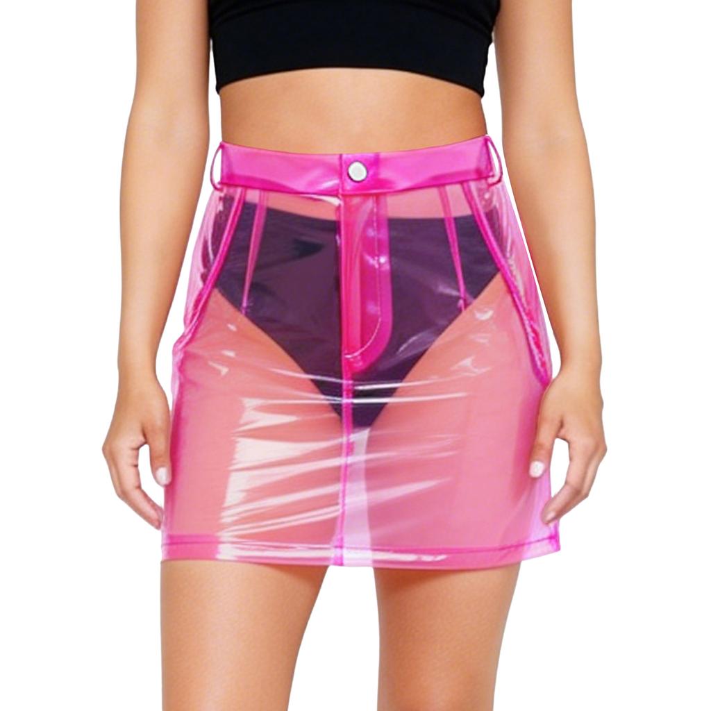 S-XXL Women Clear PVC High Waist Bodycon Mini Skirt with Side Pockets Transparent Cover Up for Swimsuit Beach Clubwear