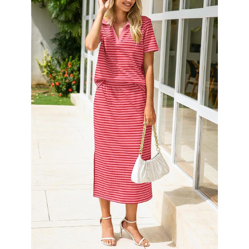 2026 Summer New Women's Fashion Casual Turn-down Collar T-shirt and Slit Skirt Set