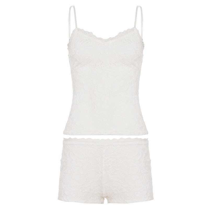

European and American Hot Girl Style Simple Solid Color Lace Home Set, Feminine V-Neck Camisole, Basic Casual Shorts White S