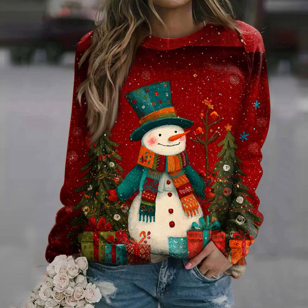 Women's Fashion Casual Long Sleeve Christmas Printed Neck Sweatshirt Top