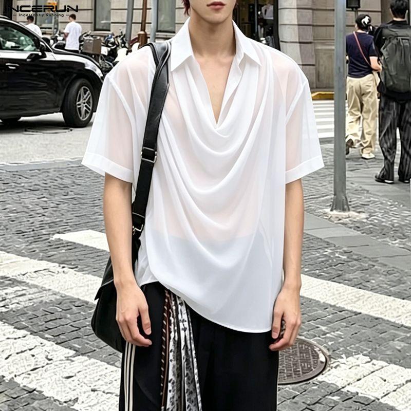 INCERUN Summer Men Swing Collar Short Sleeve Mesh See Through Hollow T-shirts Tops