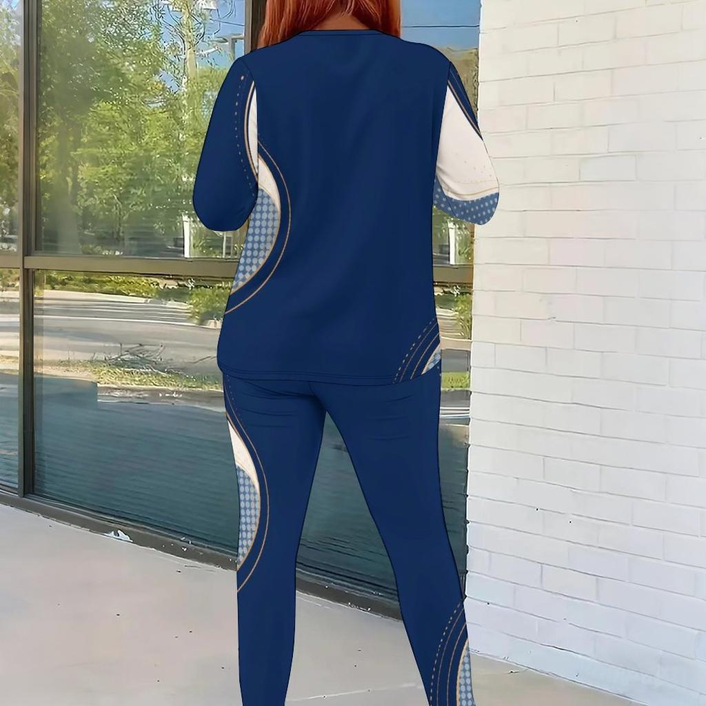 Women Plus Size Round Neck Long Sleeve Printed Top And Fitted Pants Two Piece Set
