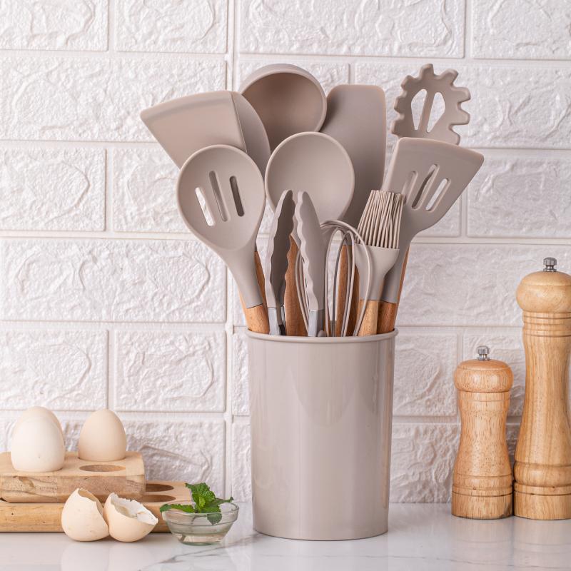 12pcs, Silicone Utensil Set, Khaki Kitchen Utensil Set With Wooden Handle, Safety Cooking Utensils Set, Non-Stick Kitchen Tools
