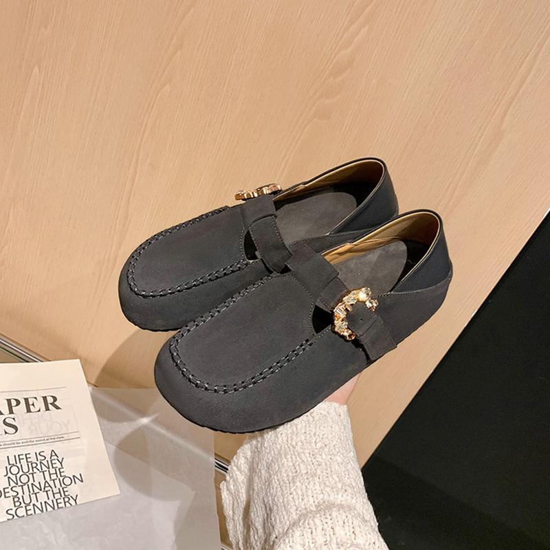 Fashion Women's new genuine leather cow suede round toe with a raised rhinestone belt buckle inside the heel, retro casual single shoe