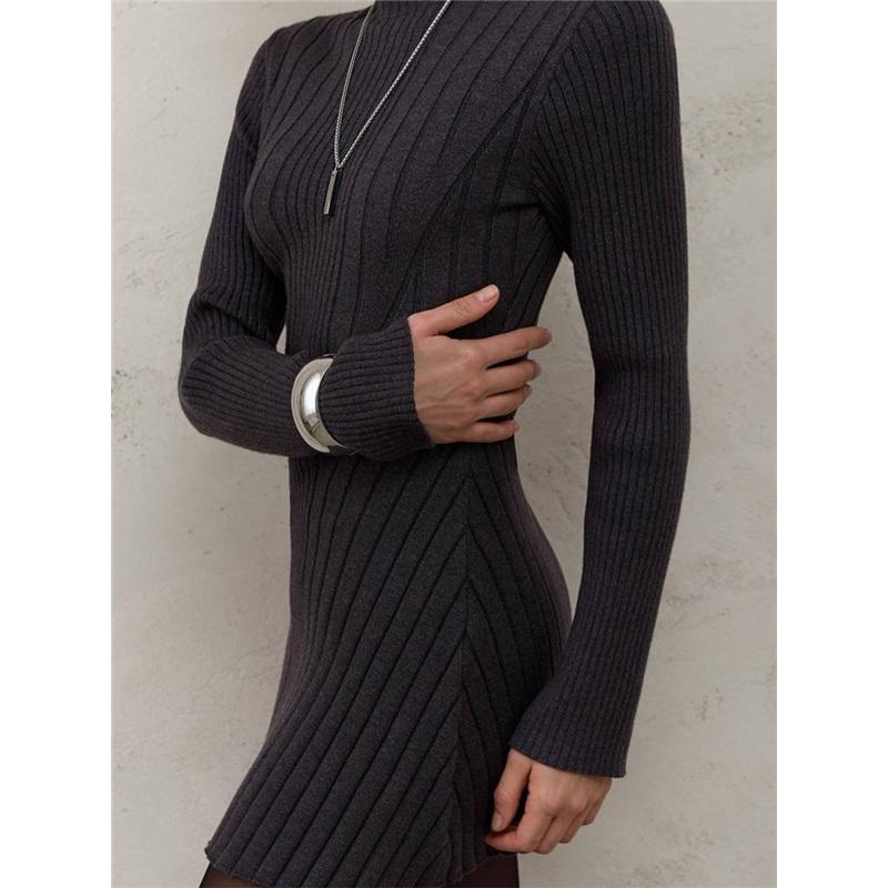Pletené šaty s dlouhým rukávem a vysokým výstřihem, jarní, ležérní, áčková sukně, krátká sukně, evropský americký styl, hravé, módní dámské šaty