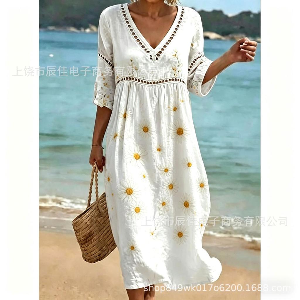 V-neck dress holiday seaside new holiday style print