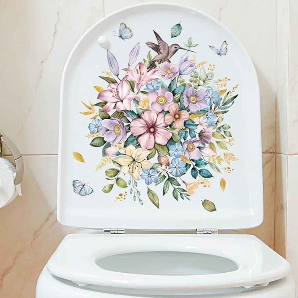 Birds Flowers Butterfly Toilet Seat Lid Stickers Self-Adhesive Bathroom Wall Sticker Floral, Birds, Butterfly Toilet Seat Decals DIY Removable
