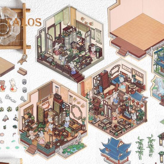 4Pcs DIY Scene Stickers 3D Miniature House Stickers Set Reusable Easy To Use DIY Projects Bookstore Scene Stickers