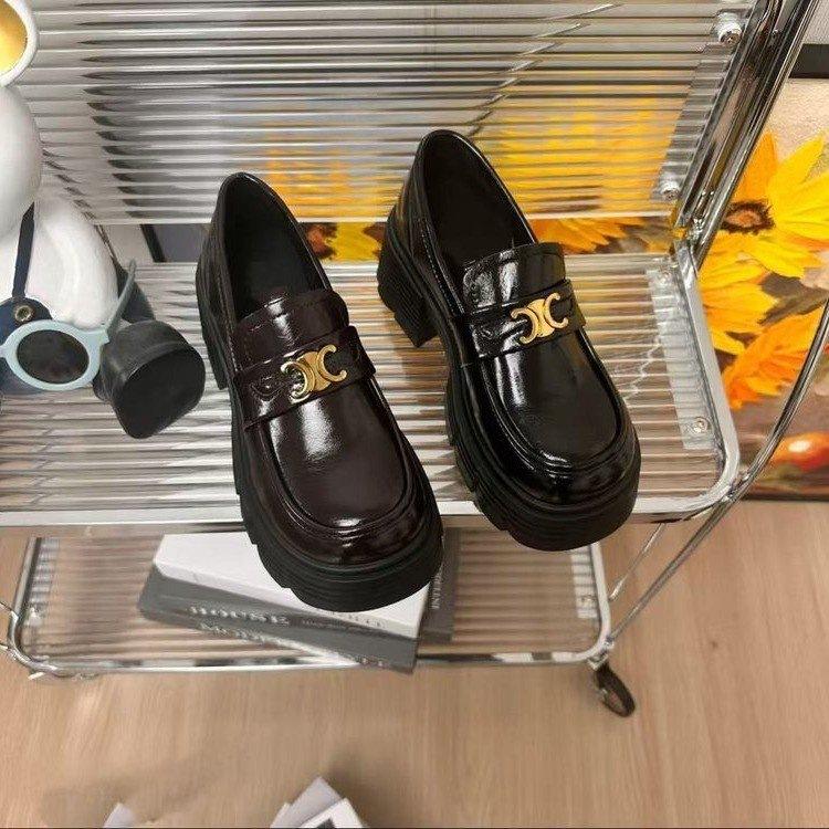Autumn Platform British Style Loafers New Chinese Small Leather Shoes Women's Thick Heel Heightening Shoes Black One-pedal Single Shoes