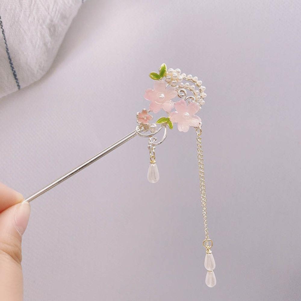 

1 Piece Chinese - Style Hair Stick: Pink Resin Flowers, Pearl & Tassel, Perfect for Hanfu, Traditional Events