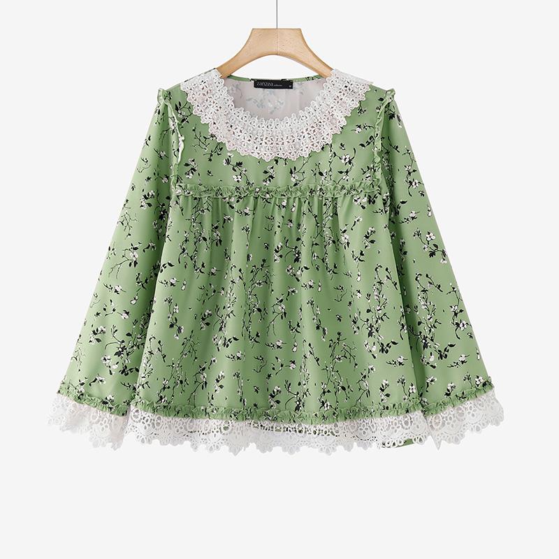 

ZANZEA Женская повседневная кружевная блузка с круглым вырезом и длинным рукавом с принтом 3XL