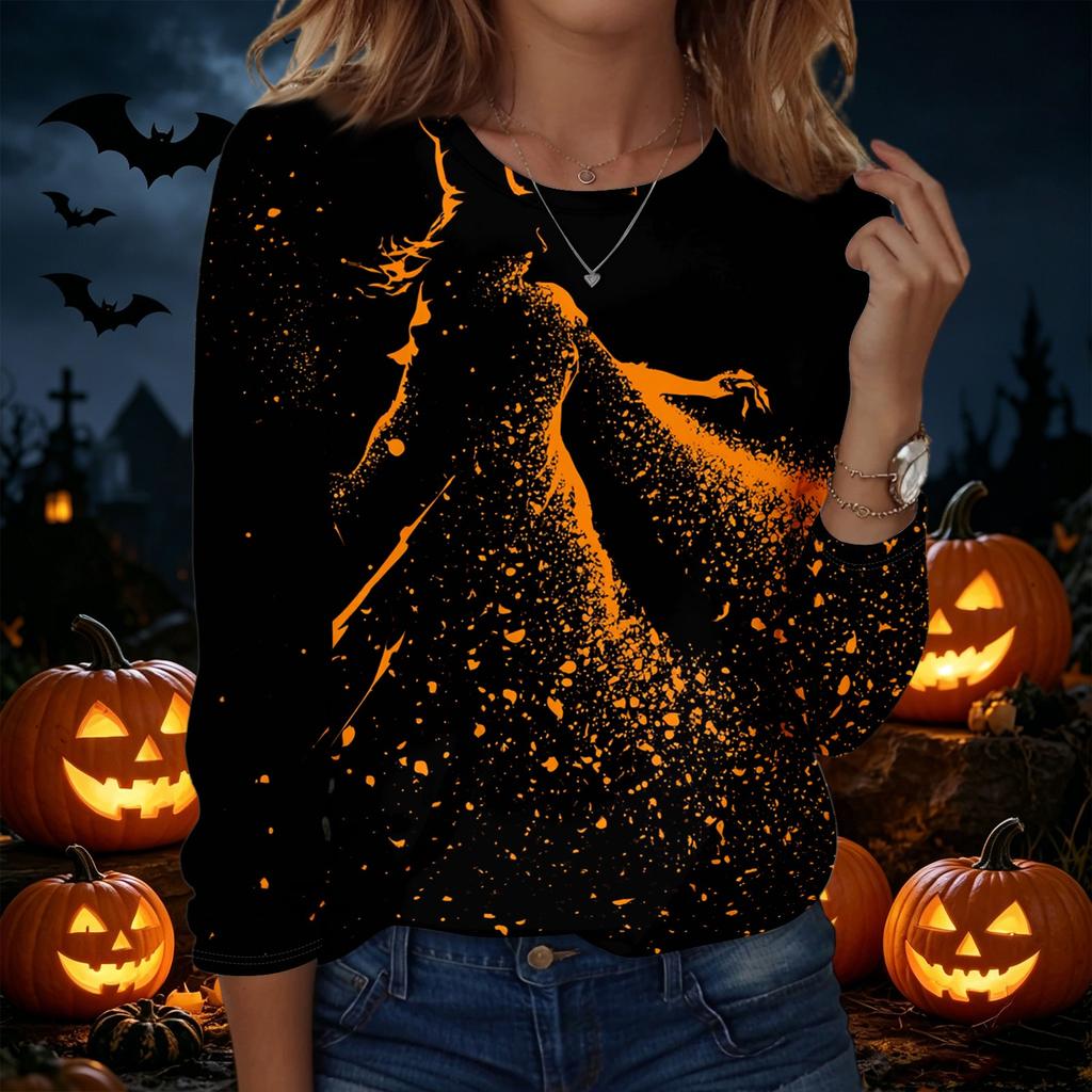 Womens Halloween Graphic Pullover Sweatshirt Long Sleeve Crewneck Casual Top Lightweight Soft Fabric