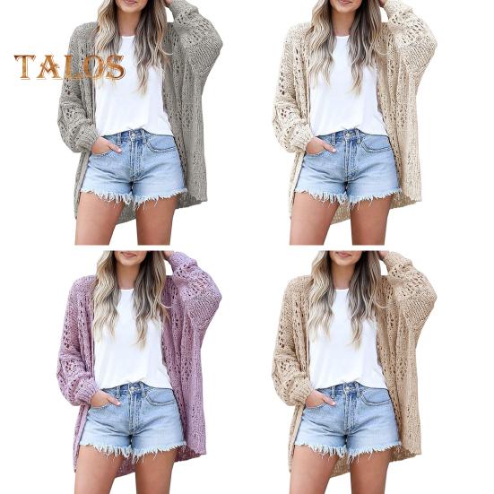 Women Knitted Coat Hollow Out Loose Long Sleeve Pure Color Knitwear Cardigan Mid Length Loose Elastic Spring Autumn Jacket