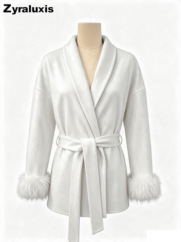 Fall French Wool Coat Short Jacket Women Fluffy Sleeve V-Neck Tie Waist Solid Color