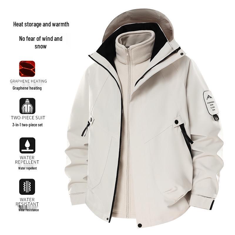Unisex 3-in-1 Windproof Waterproof Jacket with Graphene Heating Liner, Detachable, for Autumn and Winter.