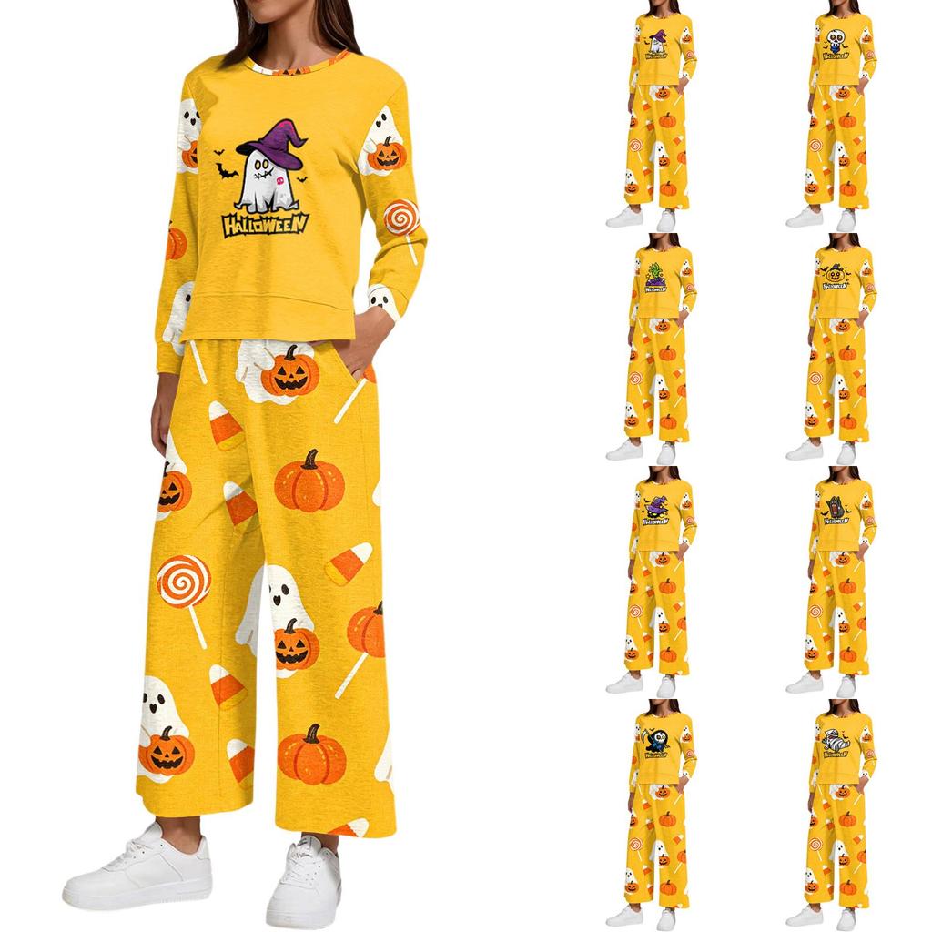 Women's Halloween Print Sweatshirt and Jogger Set, Crewneck Loose Fit with Side Slit Hem