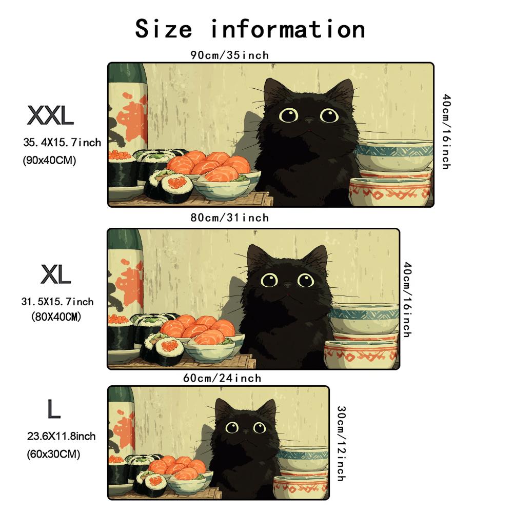 Black Cat Eat Ramen Mouse Pad Large Gaming Rubber Base Anti-slip Desk Accessories Mousepad Office Gamer Keyboard Decor Table Mat