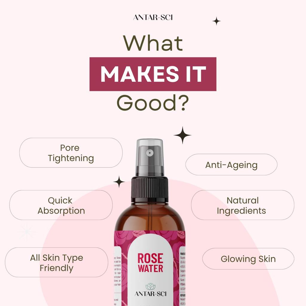 Antar-Sci 100% Pure Steam-Distilled Rose Water Toner (Gulab Jal) | Alcohol-Free Toner for Hydration, Radiance & Pore Tightening | Vegan, Clean Beau