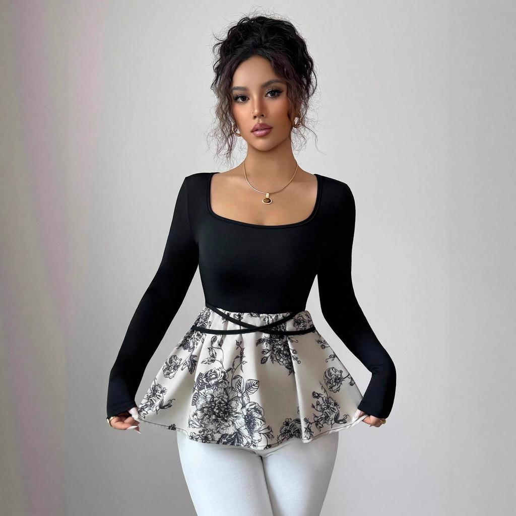 DAFIFY Women's Fashion Casual Spring Autumn Flower Pattern Print Long Sleeve Square Collar Blouses & Shirts