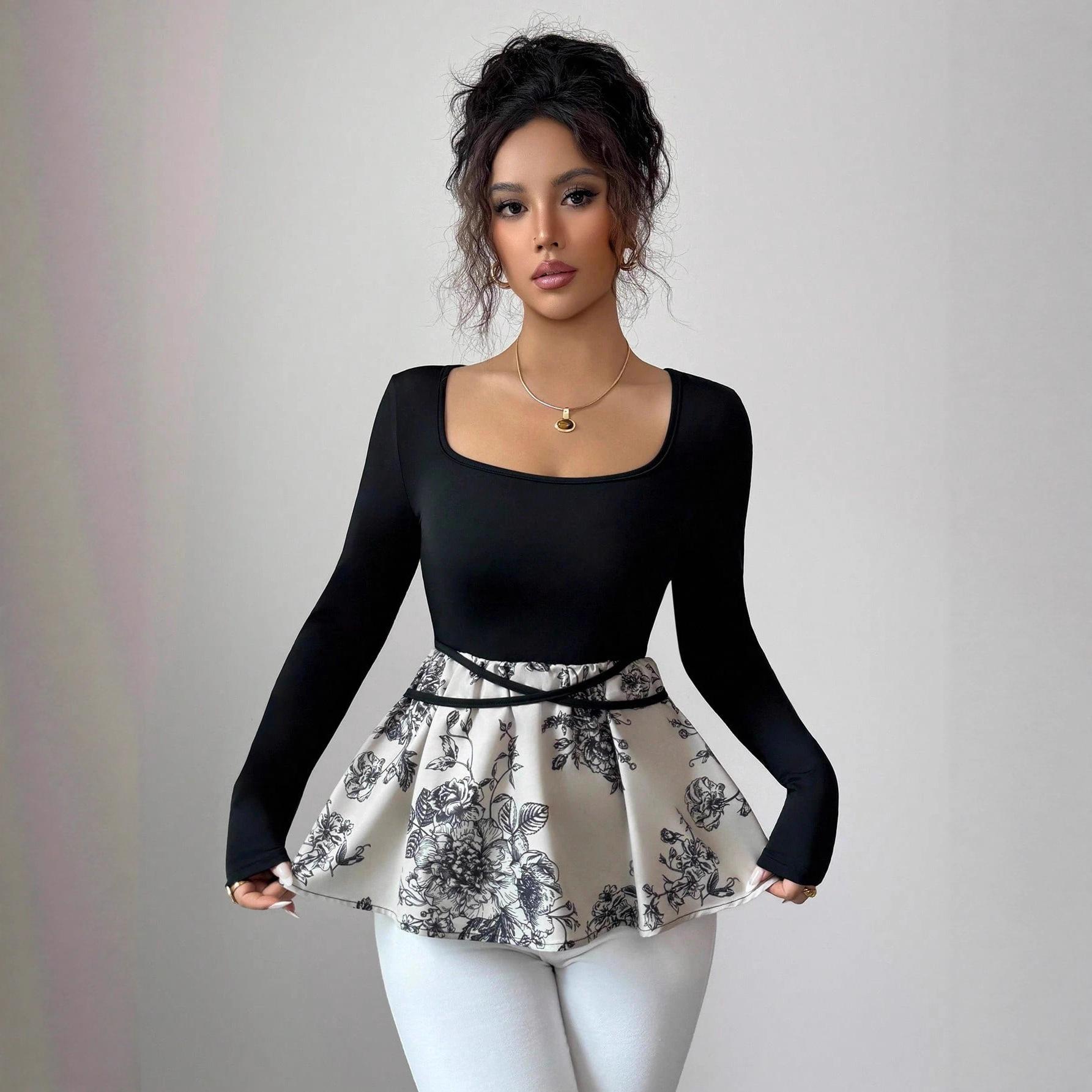 

DAFIFY Женская мода повседневная весна осень цветочный узор принт длинный рукав квадратный воротник блузки и рубашки XXL чёрный