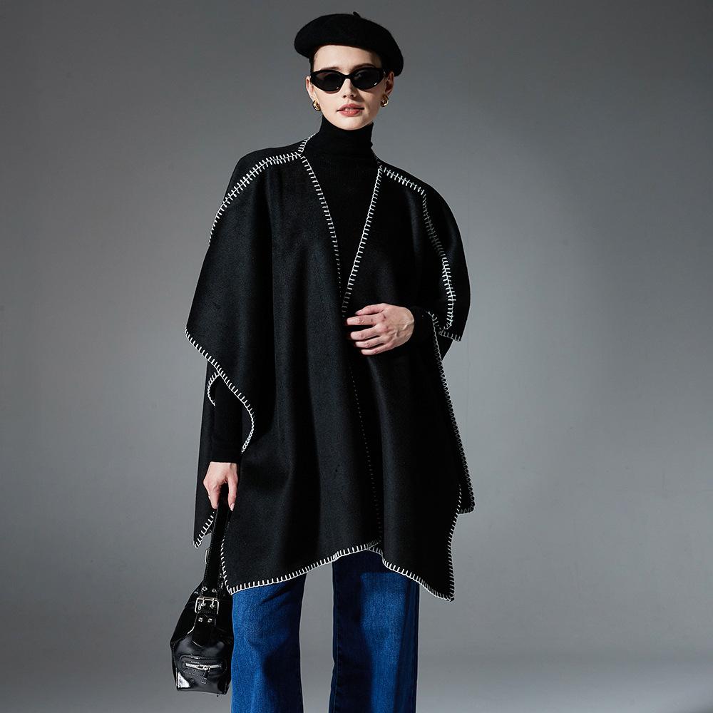 Women Double‑Sided Wool‑Feel Cape Shawl, Stitched Edge Open Front Poncho Wrap, 160×112cm Thick Warm Oversized Outer Shawl for Autumn Winter