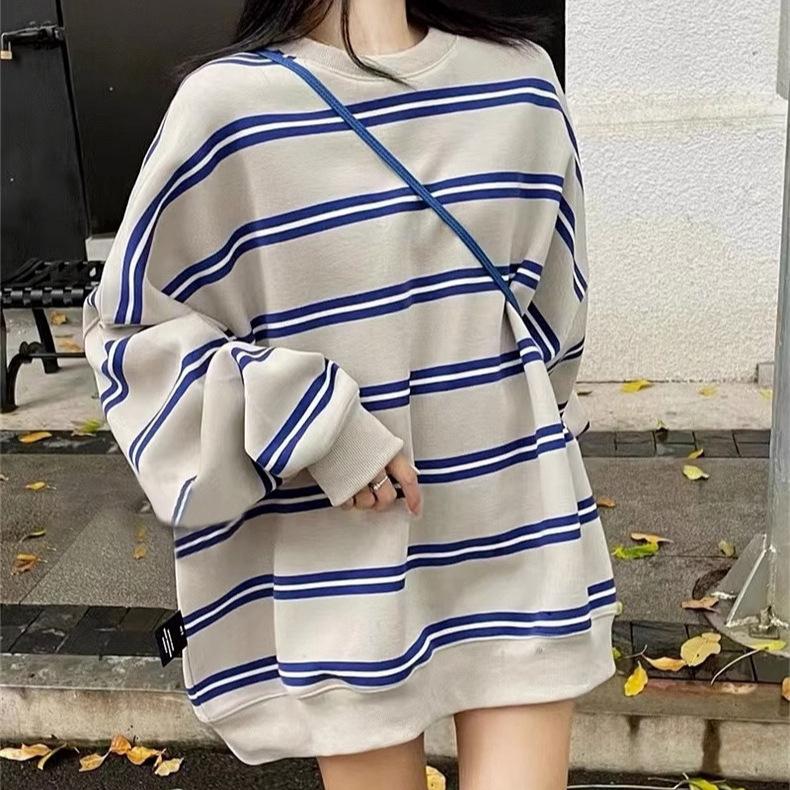 

207G contrasting striped crew neck sweater autumn new medium and long loose versatile casual versatile XL