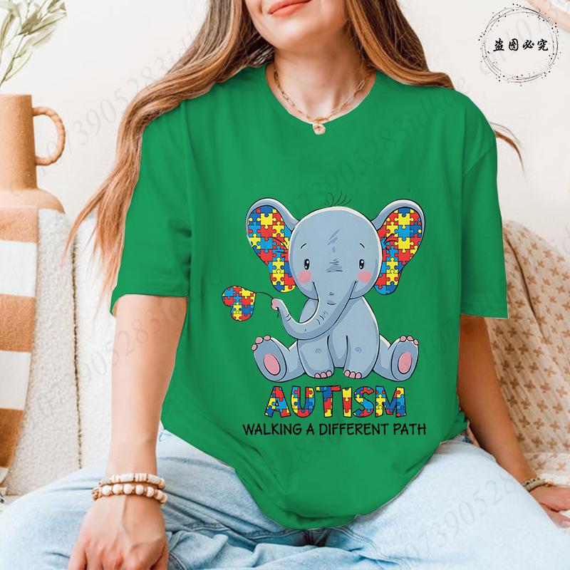 Unisex's Autism Awareness T-shirts: Cute Elephant Puzzle Graphic Tops Walking A Different Path Short Sleeve Autism Support Tees