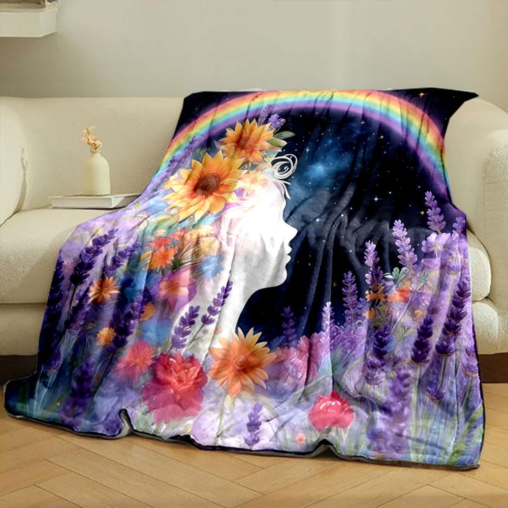 Abstract Art of Moon, Sun, and Flowers Printed Blanket, All-Season Multi-Use for Nap Camping Travel Car Sofa Luxury Gifts
